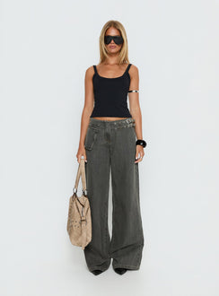 front view of model wearing Princess Polly Paltrow Mid Rise Wide Leg Cargo Jeans Washed Grey Mid Rise Jeans 