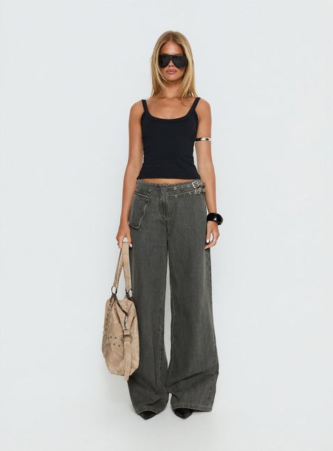 front view of model wearing Princess Polly Paltrow Mid Rise Wide Leg Cargo Jeans Washed Grey Mid Rise Jeans 