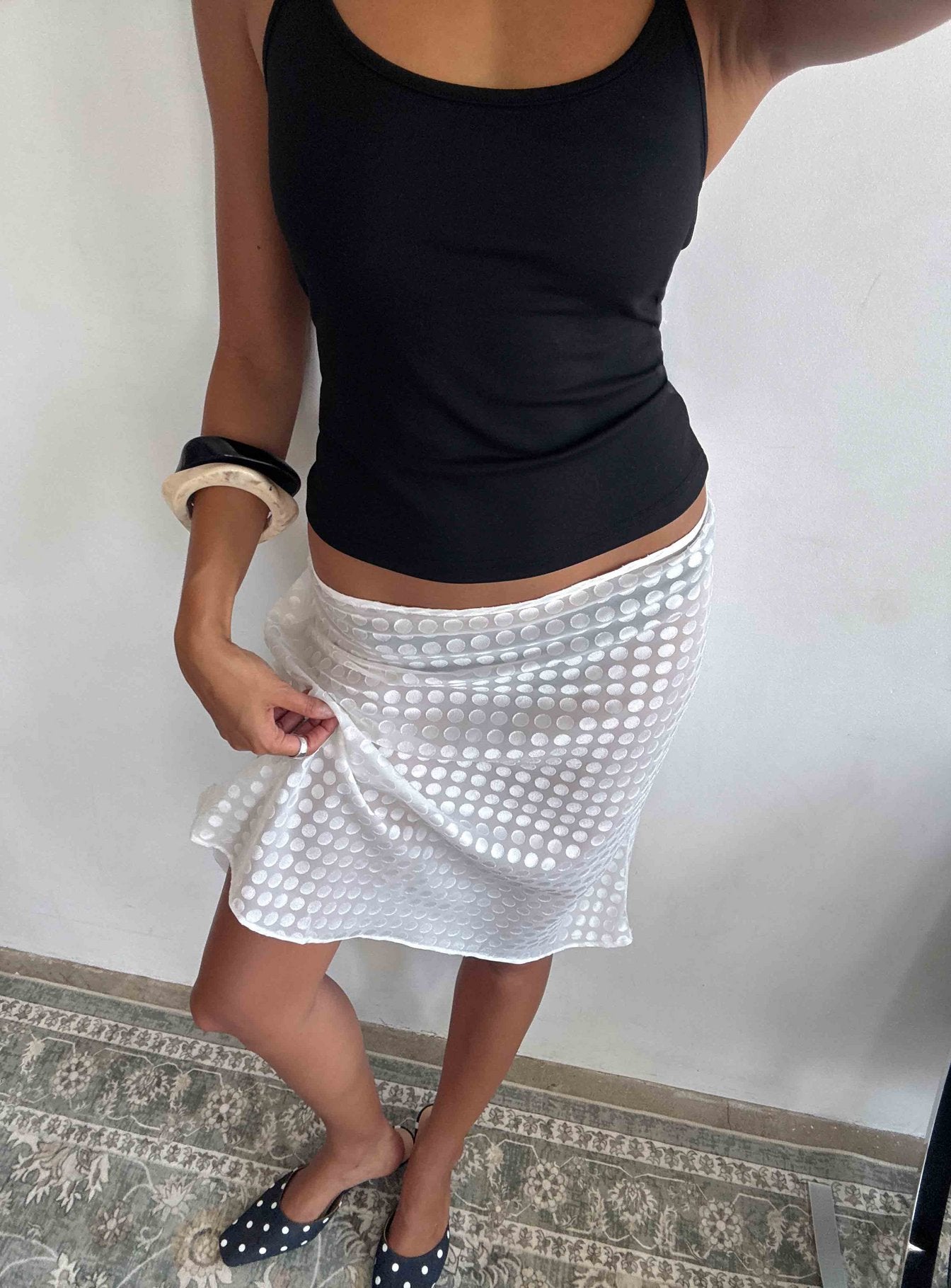 Capturing the Evangela Sheer Midi Skirt in womens-skirts with polkadot detail and texture Princess Polly