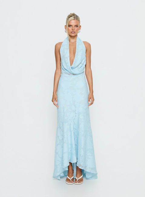 Invisible String Cowl Plunge Backless Maxi Dress Light Blue