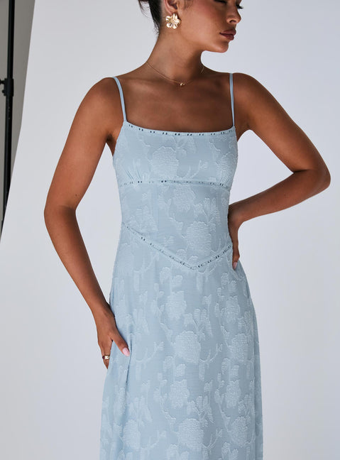 front view of model wearing Princess Polly South Of France Maxi Dress Blue Square Neck 