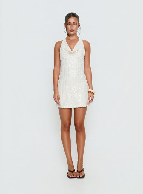 Kaimeila Halter Sequin Mini Dress Cream