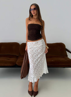   front view of model wearing Princess Polly Toscani Lace Frill Midi Skirt White Midi Skirts 