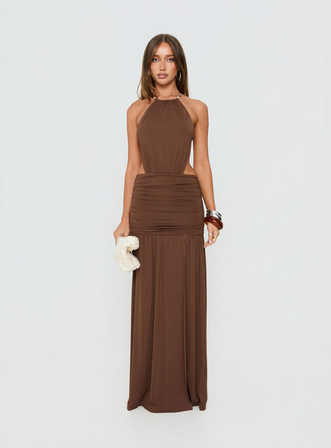 Tykaia Low Back Halter Maxi Dress Chocolate