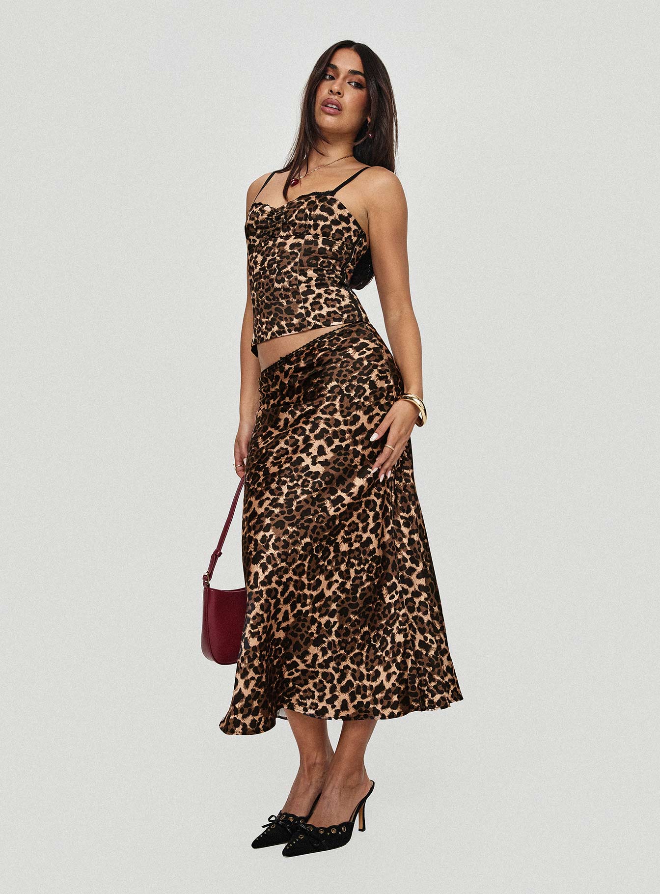 back view of model wearing Princess Polly Enigmatic Cami Top Leopard Sleeveless Sweetheart 
