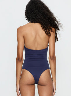 back view of model wearing Princess Polly Someone New Halter Bodysuit Navy Sleeveless Bodysuit 