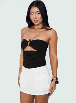 Featuring the See Me Soon Strapless Hardware Detail Bodysuit Black womens bodysuit with sleeveless cut and ruched keyhole details front view of model wearing Princess Polly