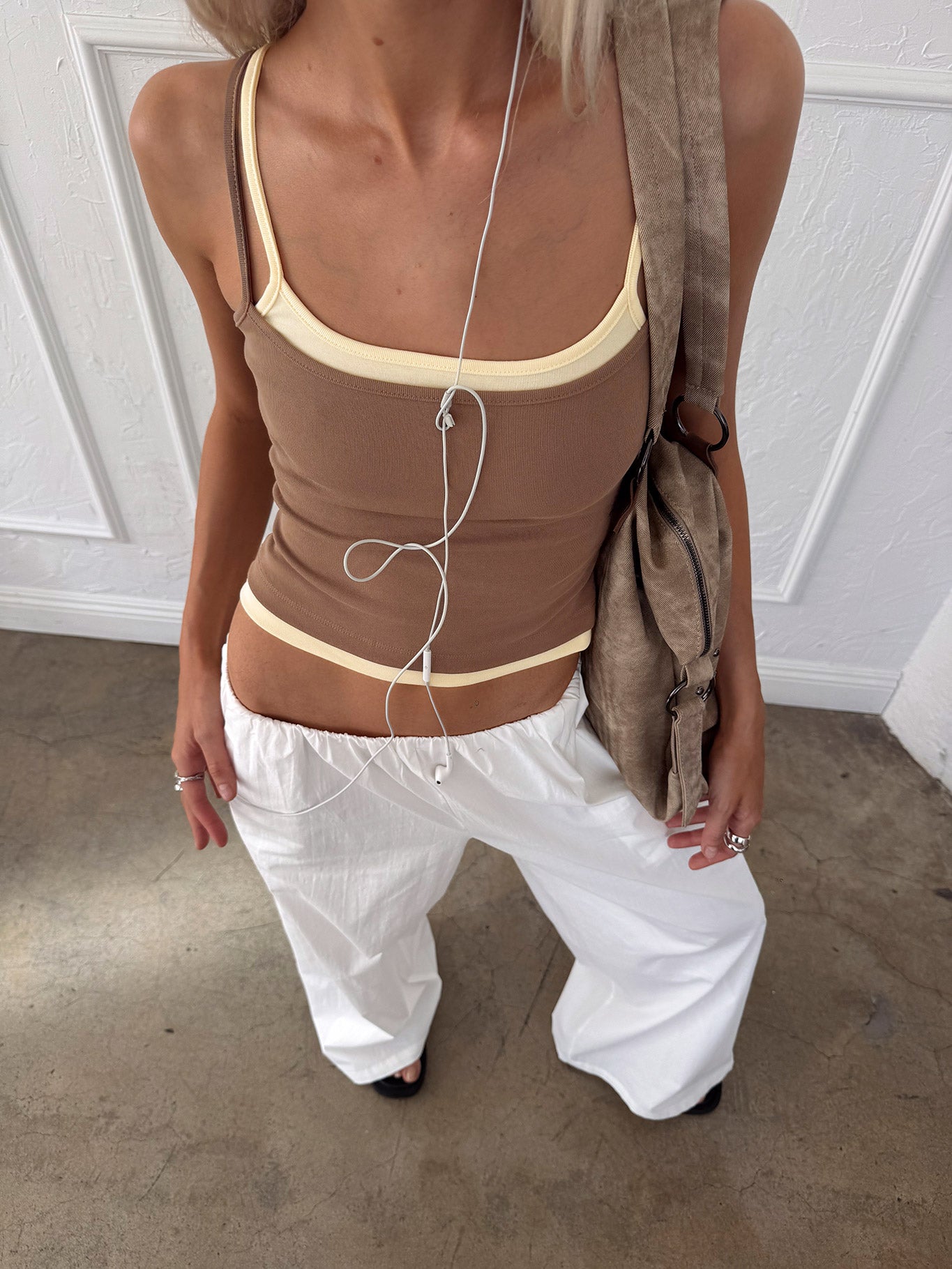 Featuring Lunea Concealed Waistband Pants White Tall in womens-regular-pants with high-rise detail view of model wearing