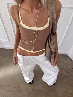 Featuring Lunea Concealed Waistband Pants White Tall in womens-regular-pants with high-rise detail view of model wearing