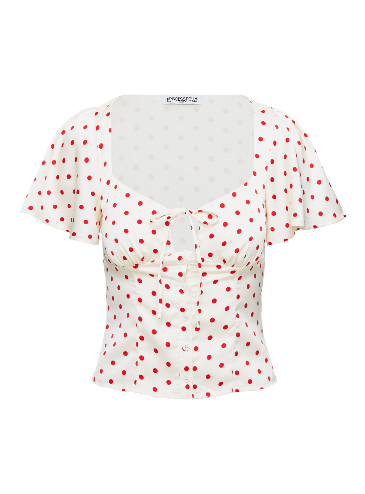 back view of model wearing Princess Polly Adrienna Flutter Blouse White / Red Short Sleeves Sweetheart 