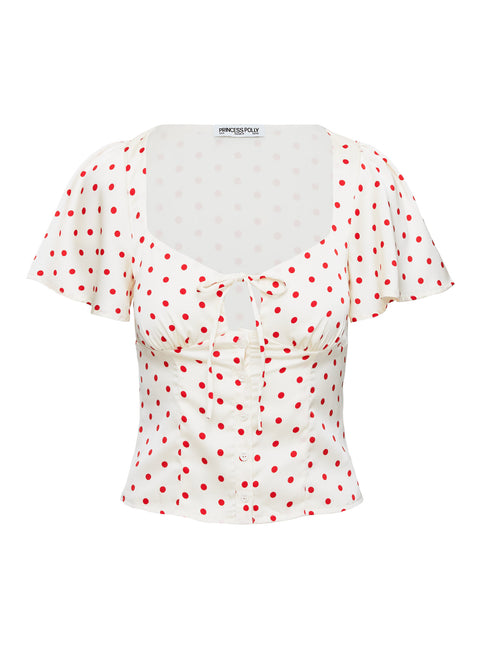 back view of model wearing Princess Polly Adrienna Flutter Blouse White / Red Short Sleeves Sweetheart 
