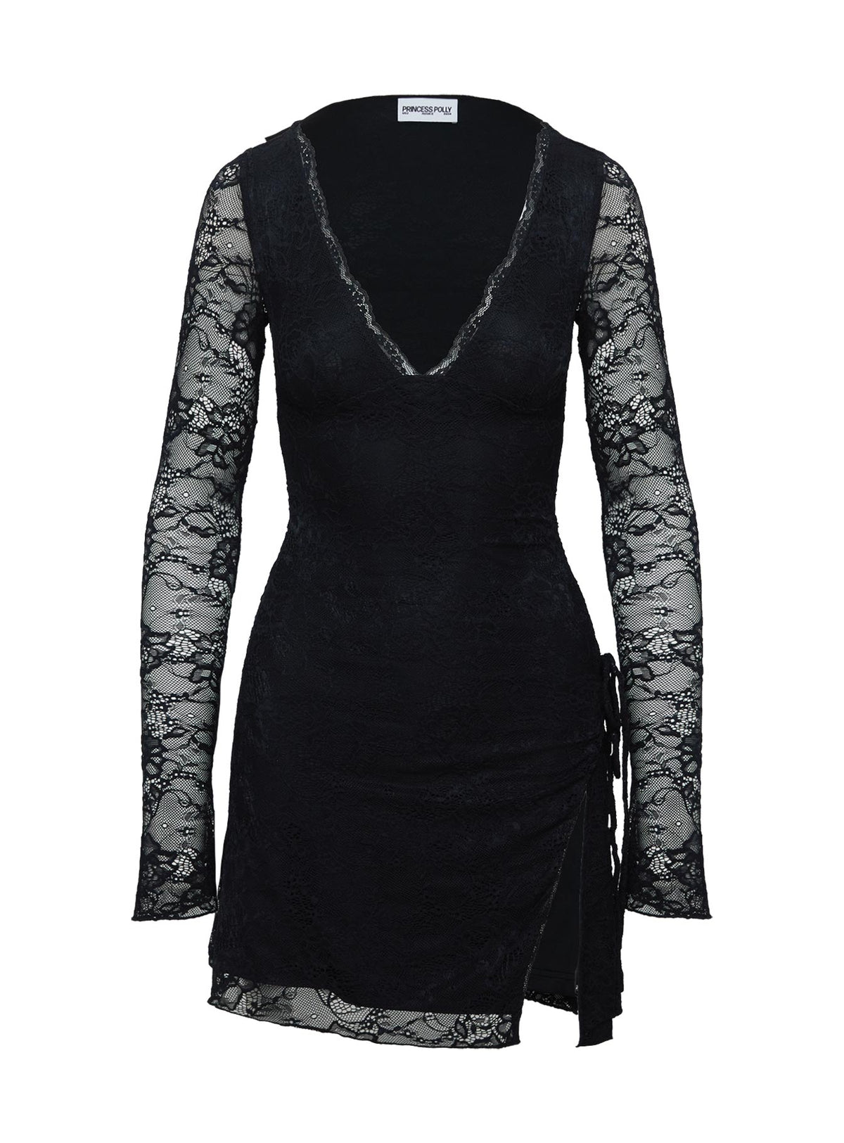 back view of model wearing Princess Polly Airabella Lace Mini Dress Black Petite Plunger 