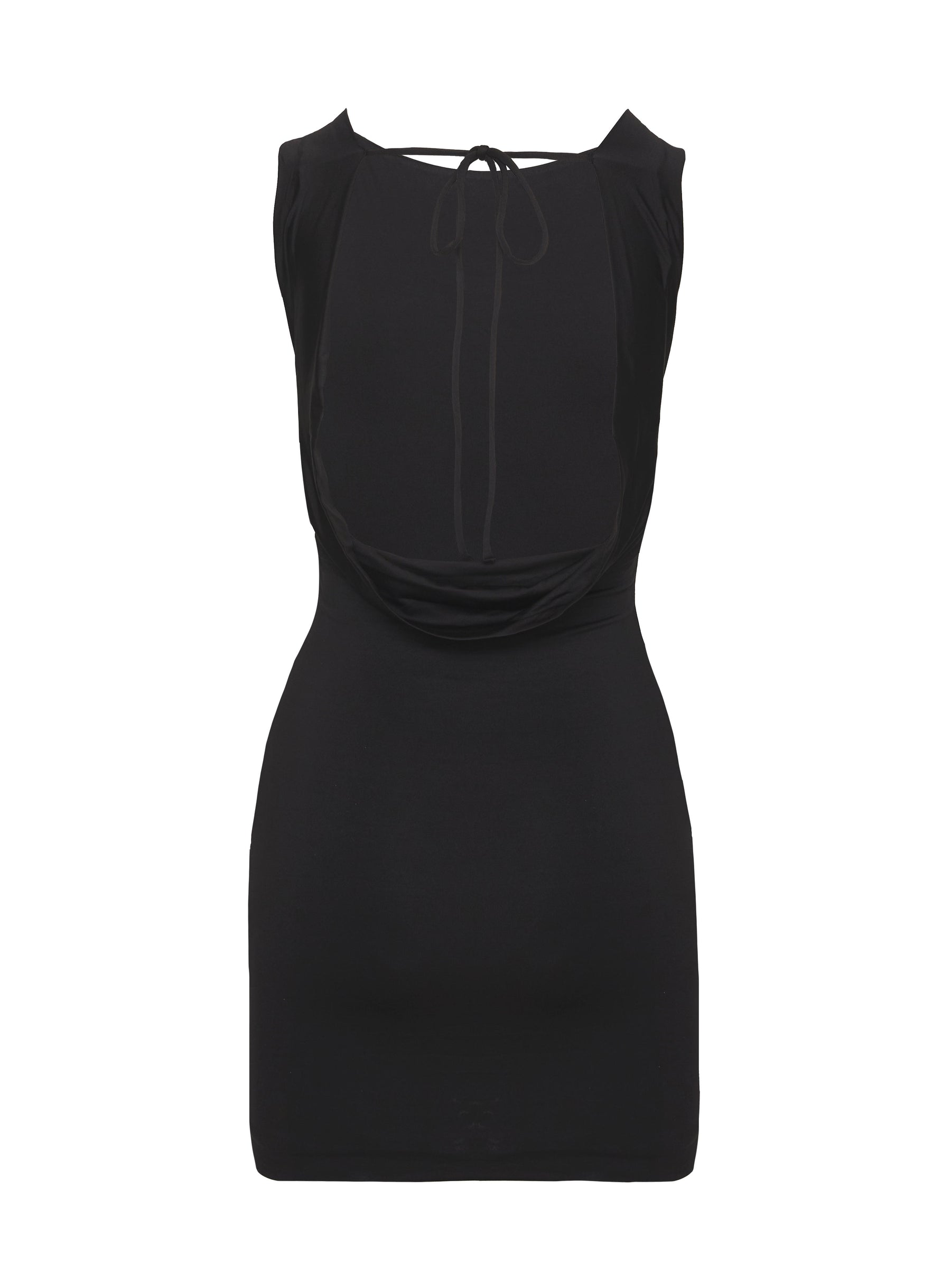 back view of model wearing Princess Polly Alexandros Mini Dress Black Crew Neck 