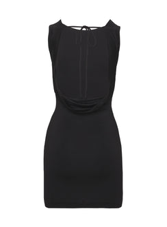 back view of model wearing Princess Polly Alexandros Mini Dress Black Crew Neck 