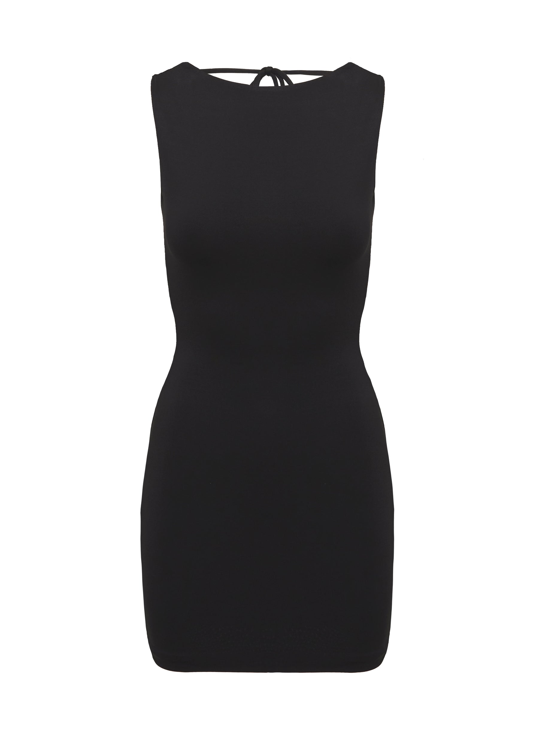 back view of model wearing Princess Polly Alexandros Mini Dress Black Crew Neck 