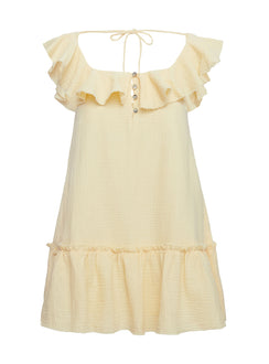 side view of model wearing Princess Polly Alicen Frill Mini Dress Yellow Square Neck 