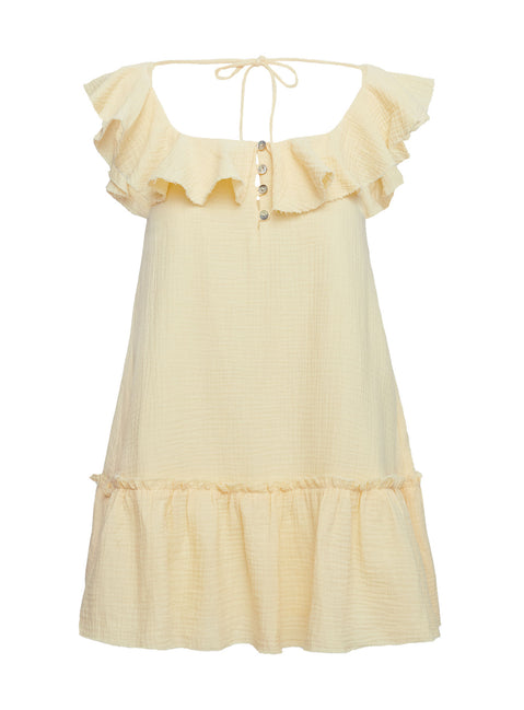side view of model wearing Princess Polly Alicen Frill Mini Dress Yellow Square Neck 