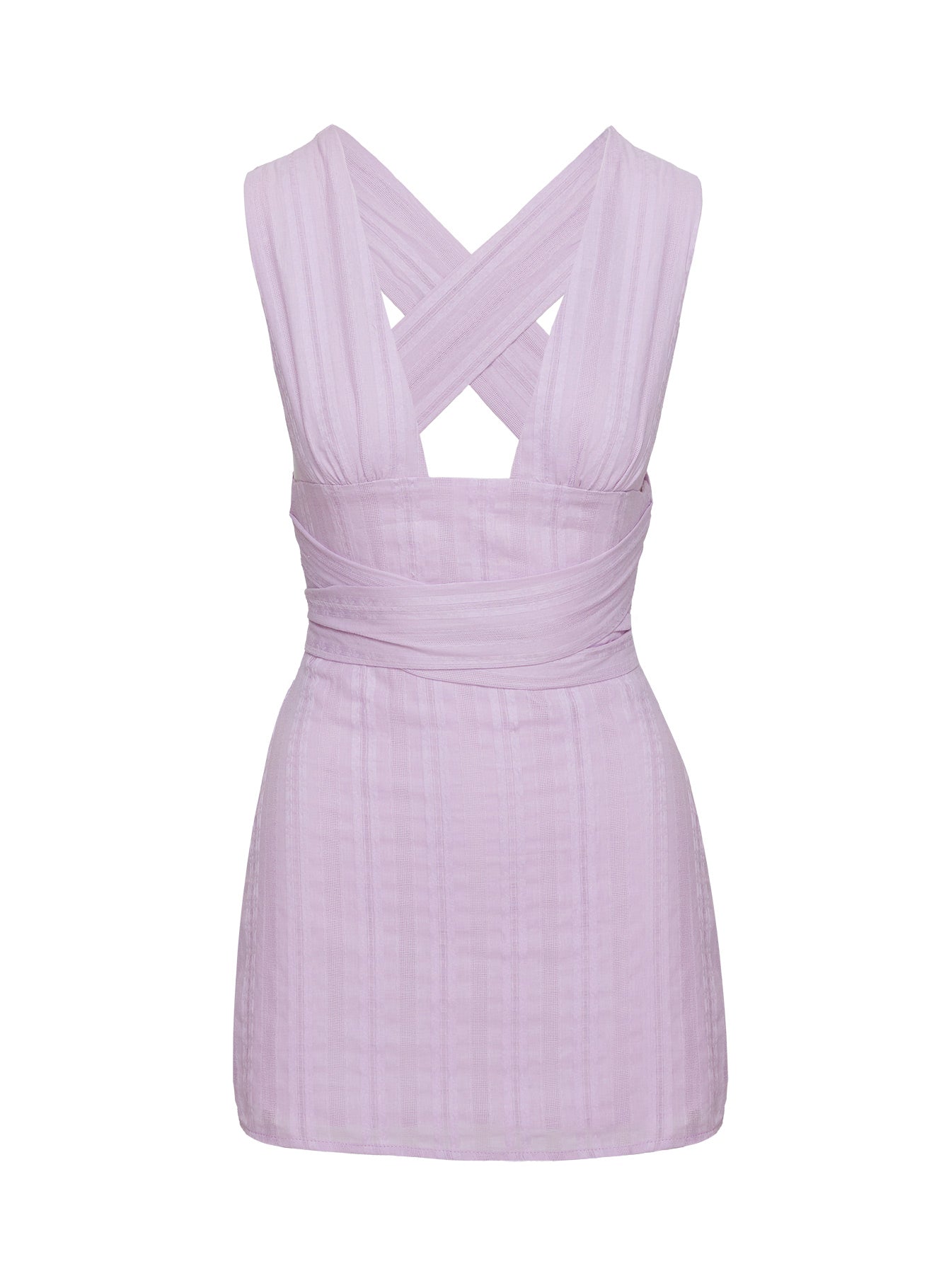 back view of model wearing Princess Polly Alsace Mini Dress Lilac Plunger 