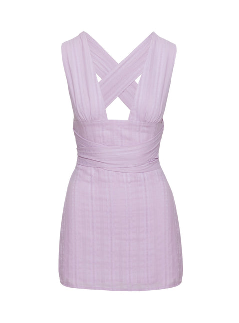 back view of model wearing Princess Polly Alsace Mini Dress Lilac Plunger 