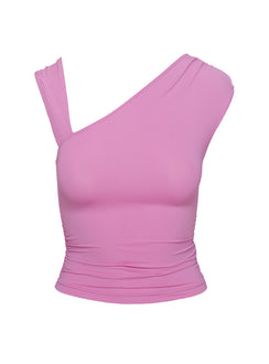 back view of model wearing Princess Polly Ander Top Pink Sleeveless Asymmetric Neckline 