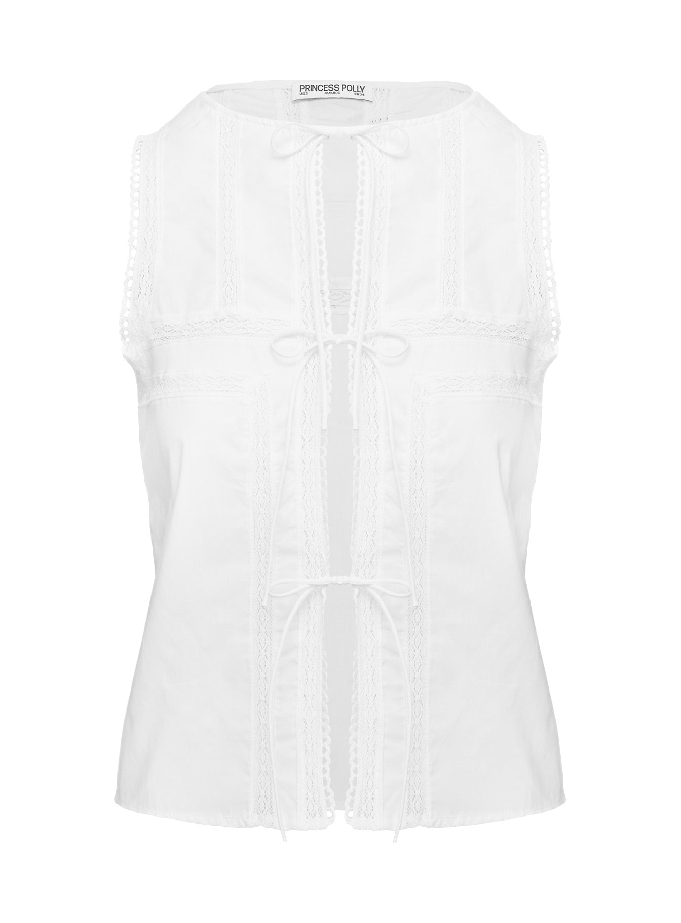 side view of model wearing Princess Polly Angourie Blouse Top White Sleeveless Crew Neck 