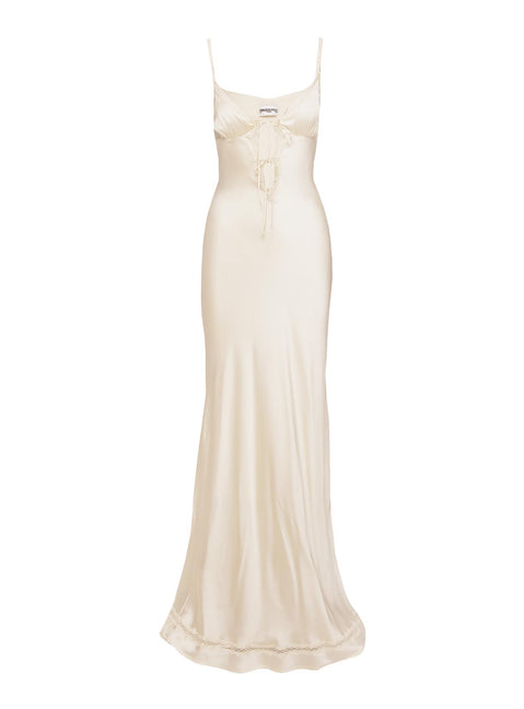 front view of model wearing Princess Polly Aphrodyte Lace Maxi Dress Cream Plunger 