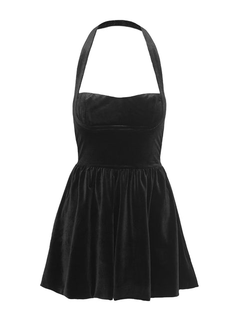 back view of model wearing Princess Polly Araminta Velour Mini Dress Black Sweetheart Neckline 