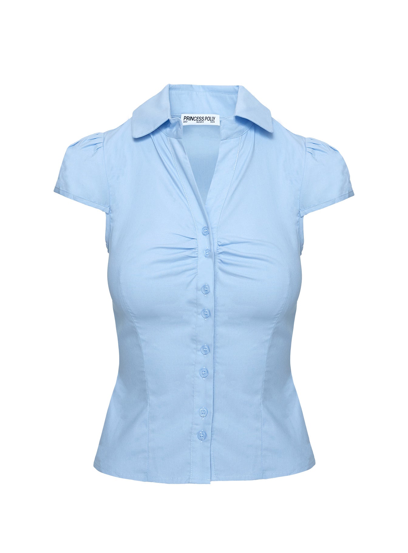 back view of model wearing Princess Polly Arianwyn Top Blue Short Sleeves V-Neck 