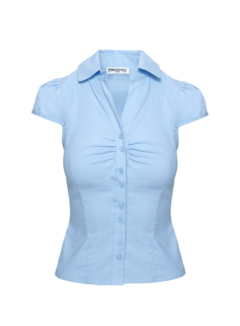 back view of model wearing Princess Polly Arianwyn Top Blue Short Sleeves V-Neck 