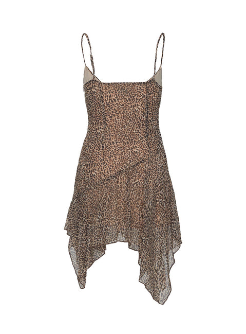 back view of model wearing Princess Polly Immunity Asymmetrical Mini Dress Leopard V-Neck 