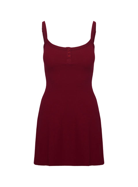 side view of model wearing Princess Polly Baseline Rib Mini Dress Red Scoop Neck 
