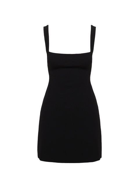 side view of model wearing Princess Polly Bombshell Mini Dress Black Square Neck 