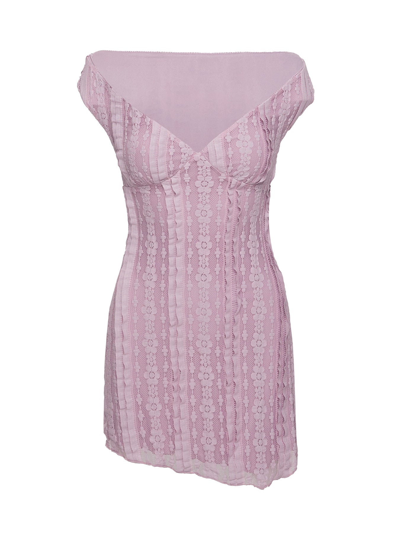 back view of model wearing Princess Polly Breezy Off The Shoulder Mini Dress Lilac V-Neck 