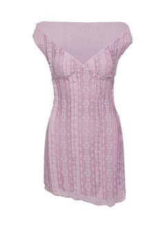 back view of model wearing Princess Polly Breezy Off The Shoulder Mini Dress Lilac V-Neck 