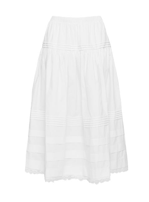   side view of model wearing Princess Polly Calling For You Flowy Maxi Skirt White Maxi 