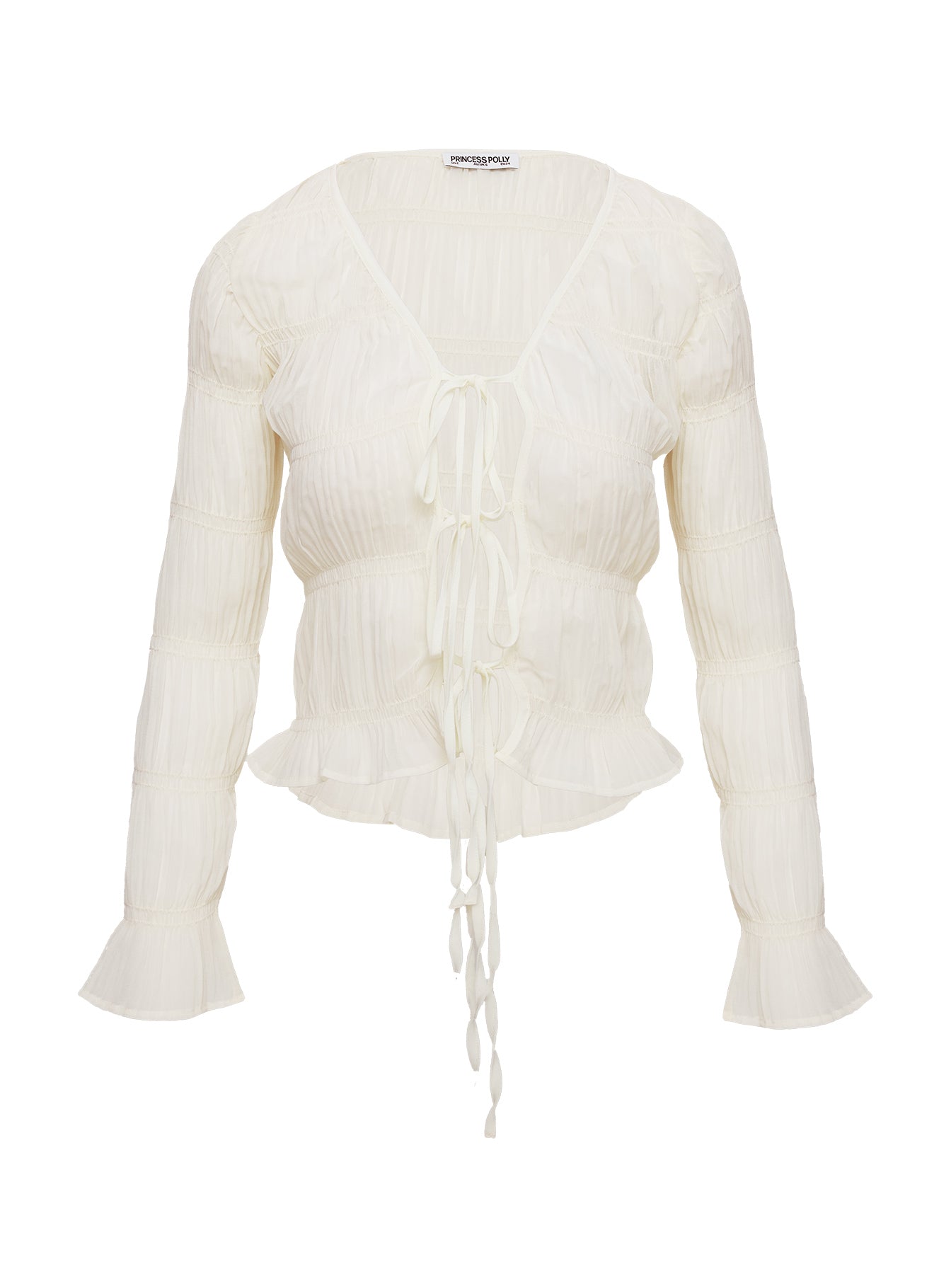 back view of model wearing Princess Polly Carnelian Frill Long Sleeve Top Cream Full Sleeves V-Neck 