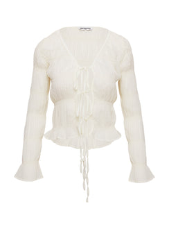 back view of model wearing Princess Polly Carnelian Frill Long Sleeve Top Cream Full Sleeves V-Neck 