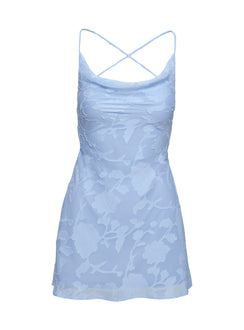 back view of model wearing Princess Polly Celena Mini Dress Light Blue Cowl Neck 