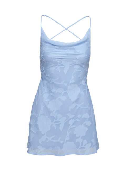 back view of model wearing Princess Polly Celena Mini Dress Light Blue Cowl Neck 