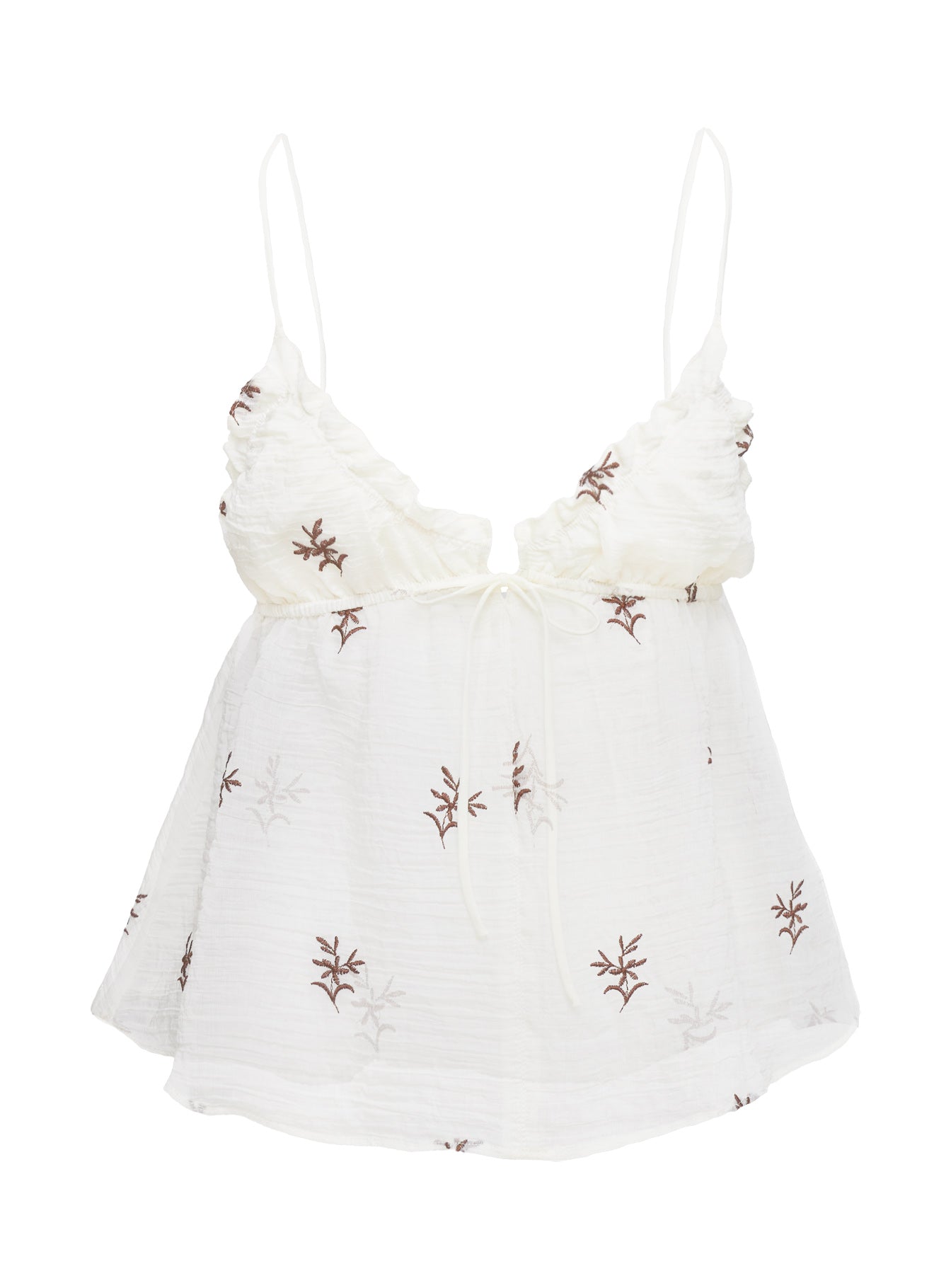 back view of model wearing Princess Polly Cinnamon Embroidered Top Cream Sleeveless Plunger 