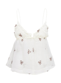 back view of model wearing Princess Polly Cinnamon Embroidered Top Cream Sleeveless Plunger 