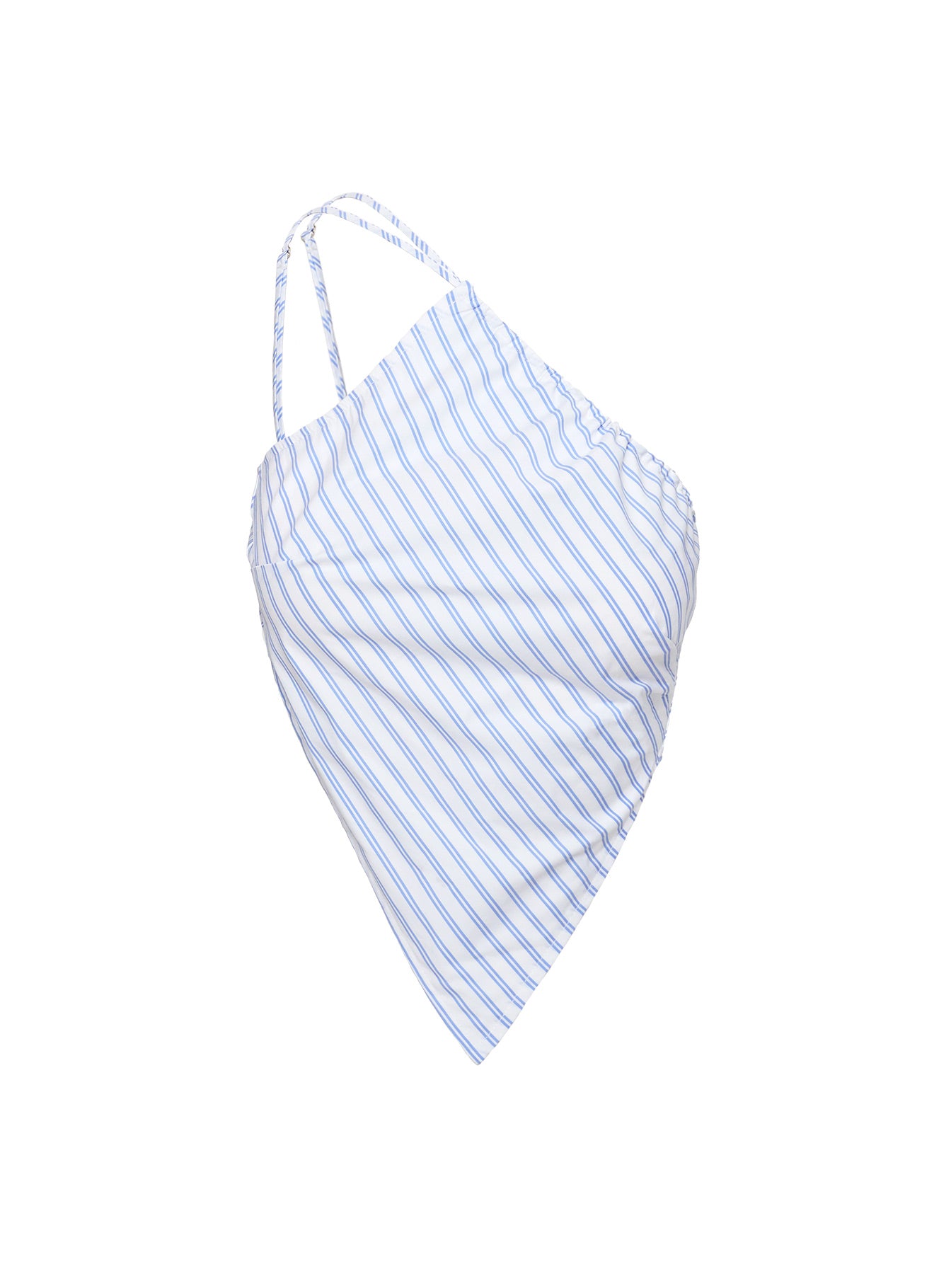 back view of model wearing Princess Polly Collied Asymmetric Top Blue / White Stripe Sleeveless Asymmetric Neckline 