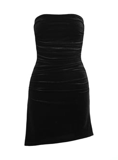 back view of model wearing Princess Polly Deluxa Strapless Mini Dress Black Straight Neck 