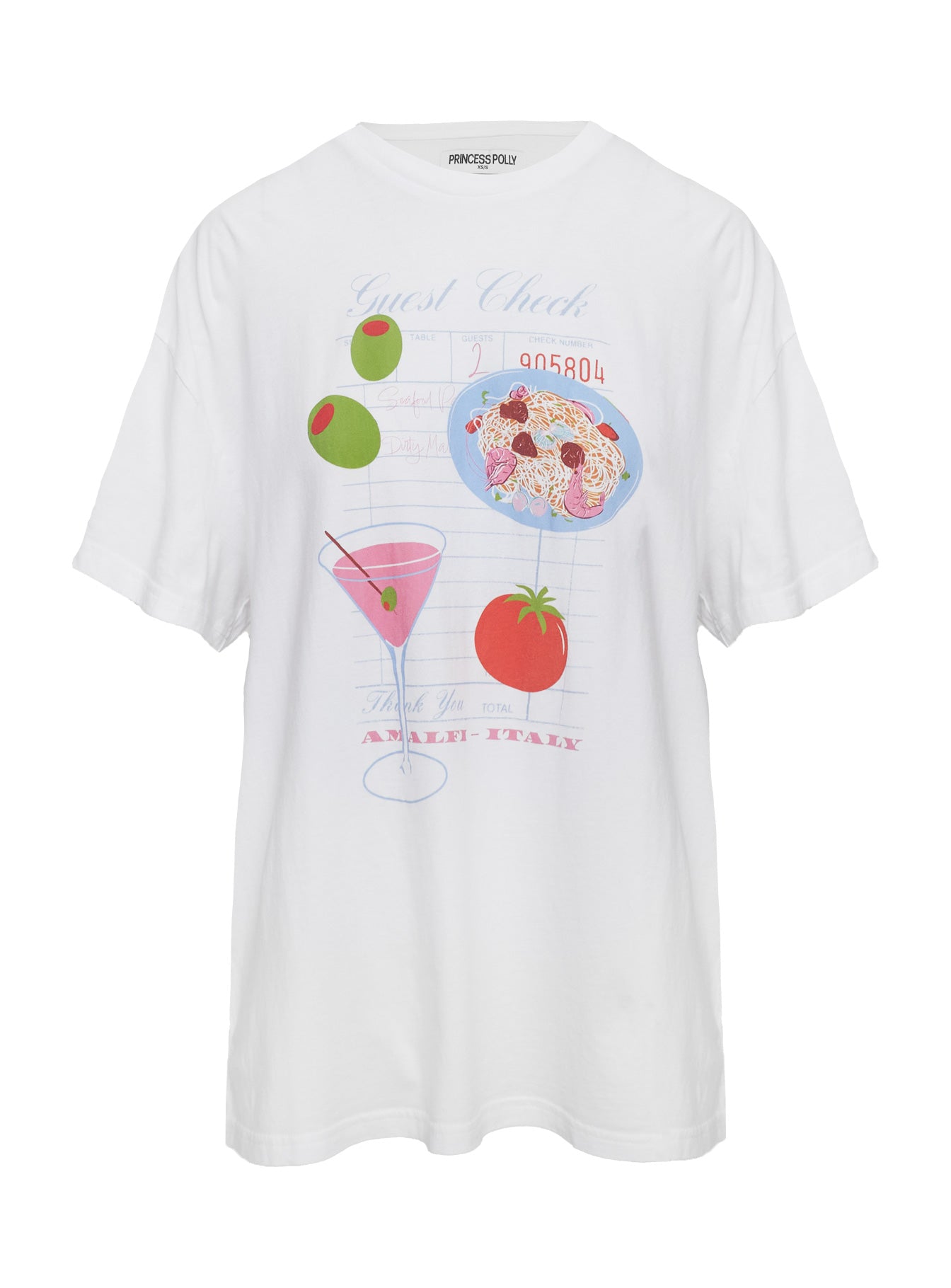 back view of model wearing Princess Polly Dine With Me Graphic Top White Half Sleeves Crew Neck 