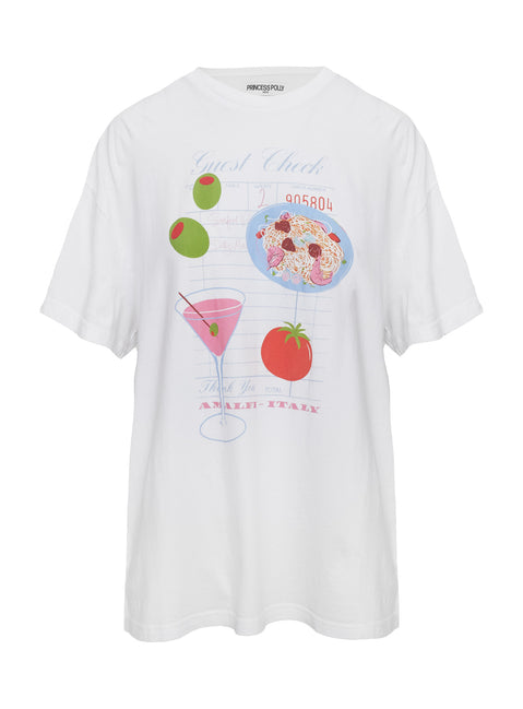 back view of model wearing Princess Polly Dine With Me Graphic Top White Half Sleeves Crew Neck 