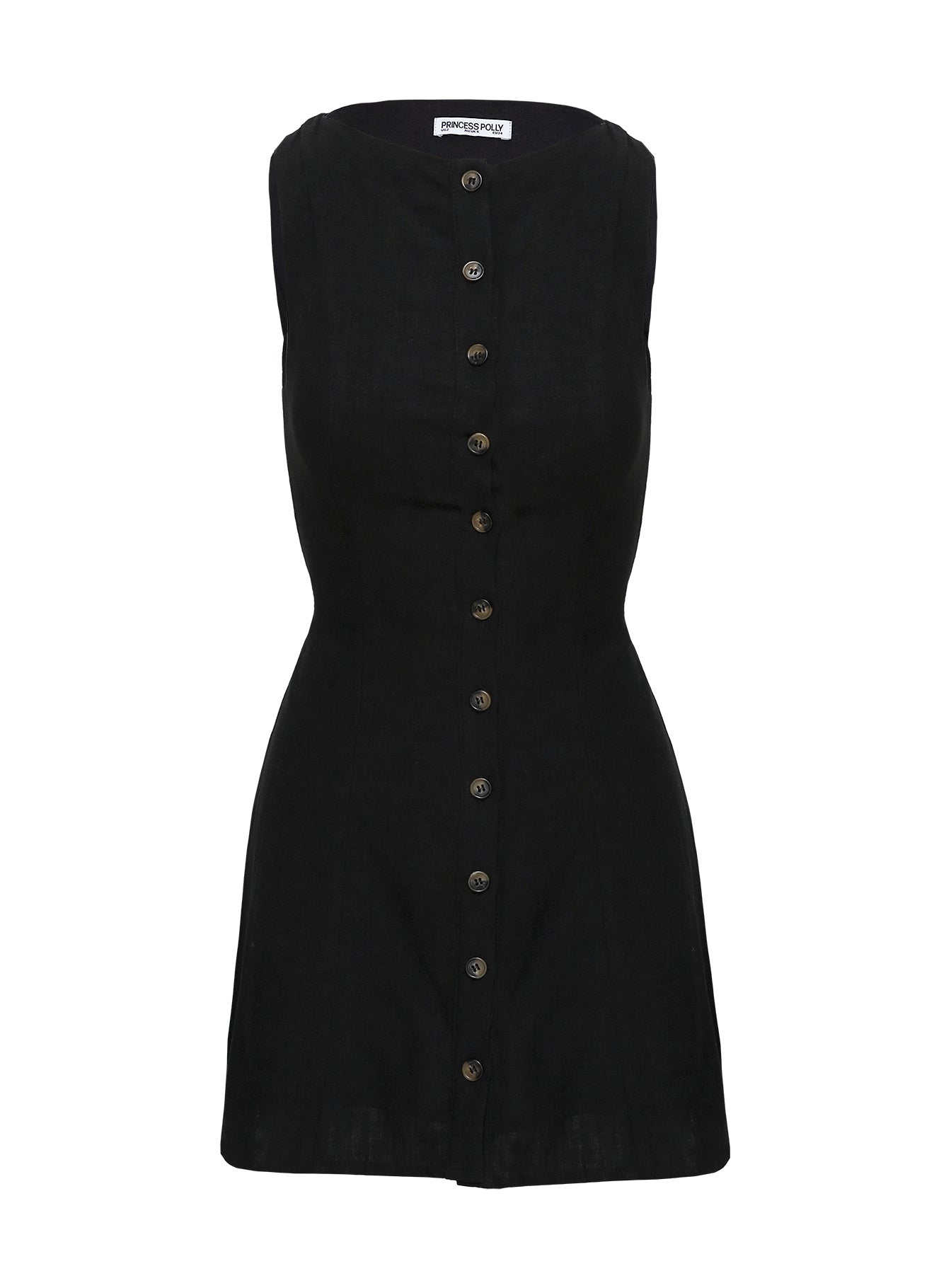 back view of model wearing Princess Polly Dollie Linen Mini Dress Black High Neck 