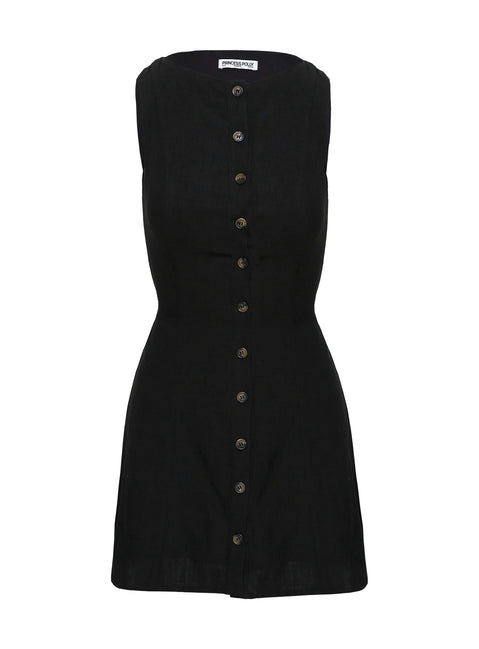 back view of model wearing Princess Polly Dollie Linen Mini Dress Black High Neck 