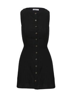back view of model wearing Princess Polly Dollie Linen Mini Dress Black Petite Crew Neck 