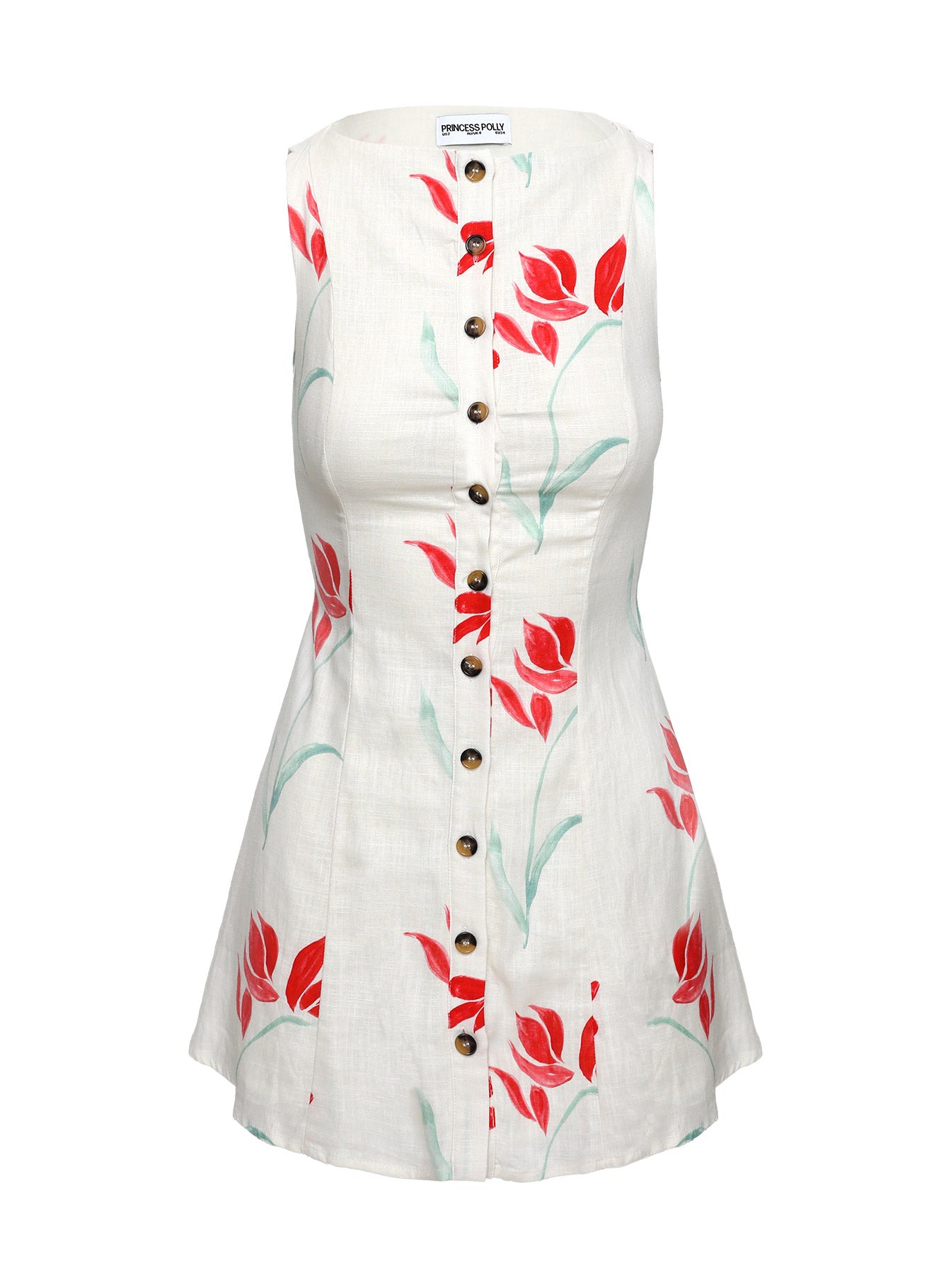 back view of model wearing Princess Polly Dollie Linen Mini Dress Floral High Neck 