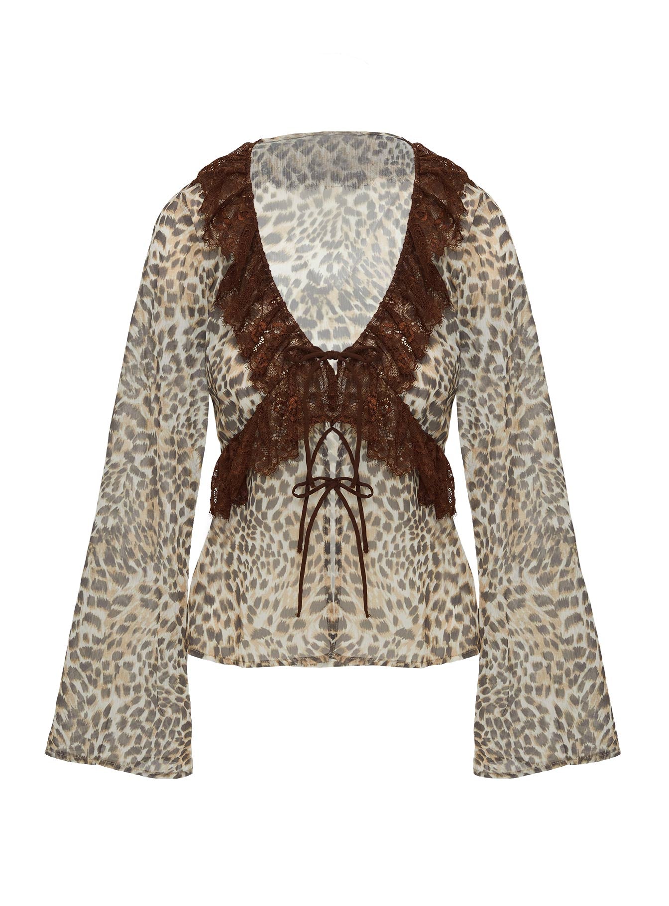 side view of model wearing Princess Polly Domanic Frill Top Leopard Full Sleeves Plunger 